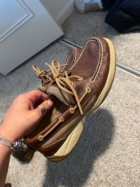 Sperry Brown Leather and Tan Canvas Moccasins